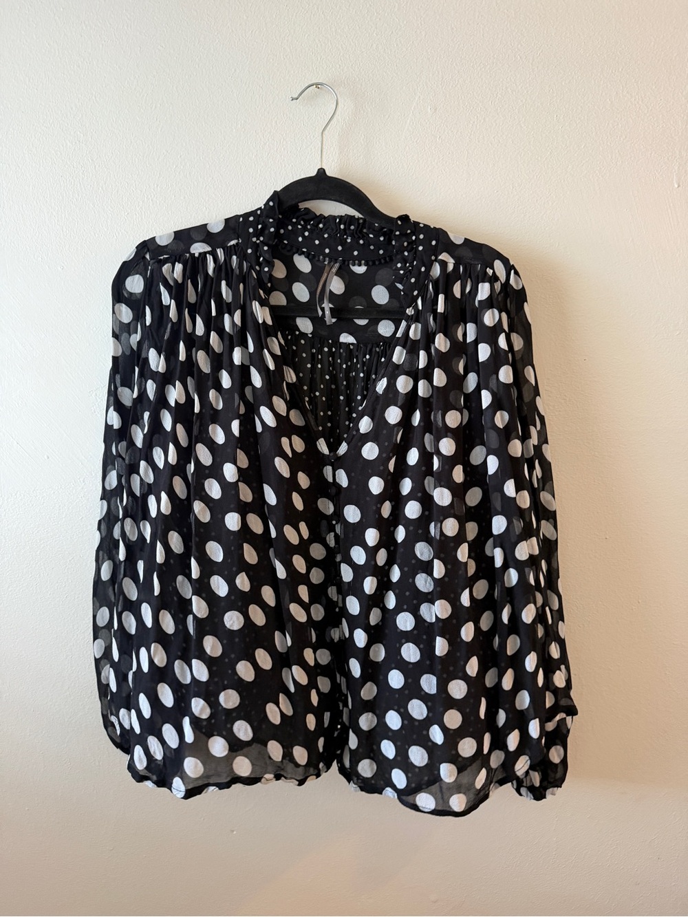 Anthropologie Black Blouse with White Polka Dots